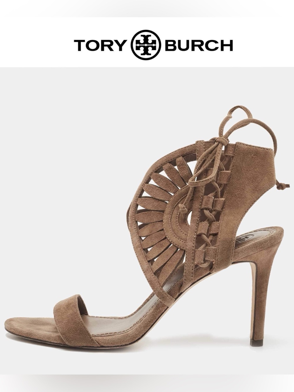 Tory Burch Brown Suede Lace Up Strappy Stiletto Sandals Cutout Heels Size 5